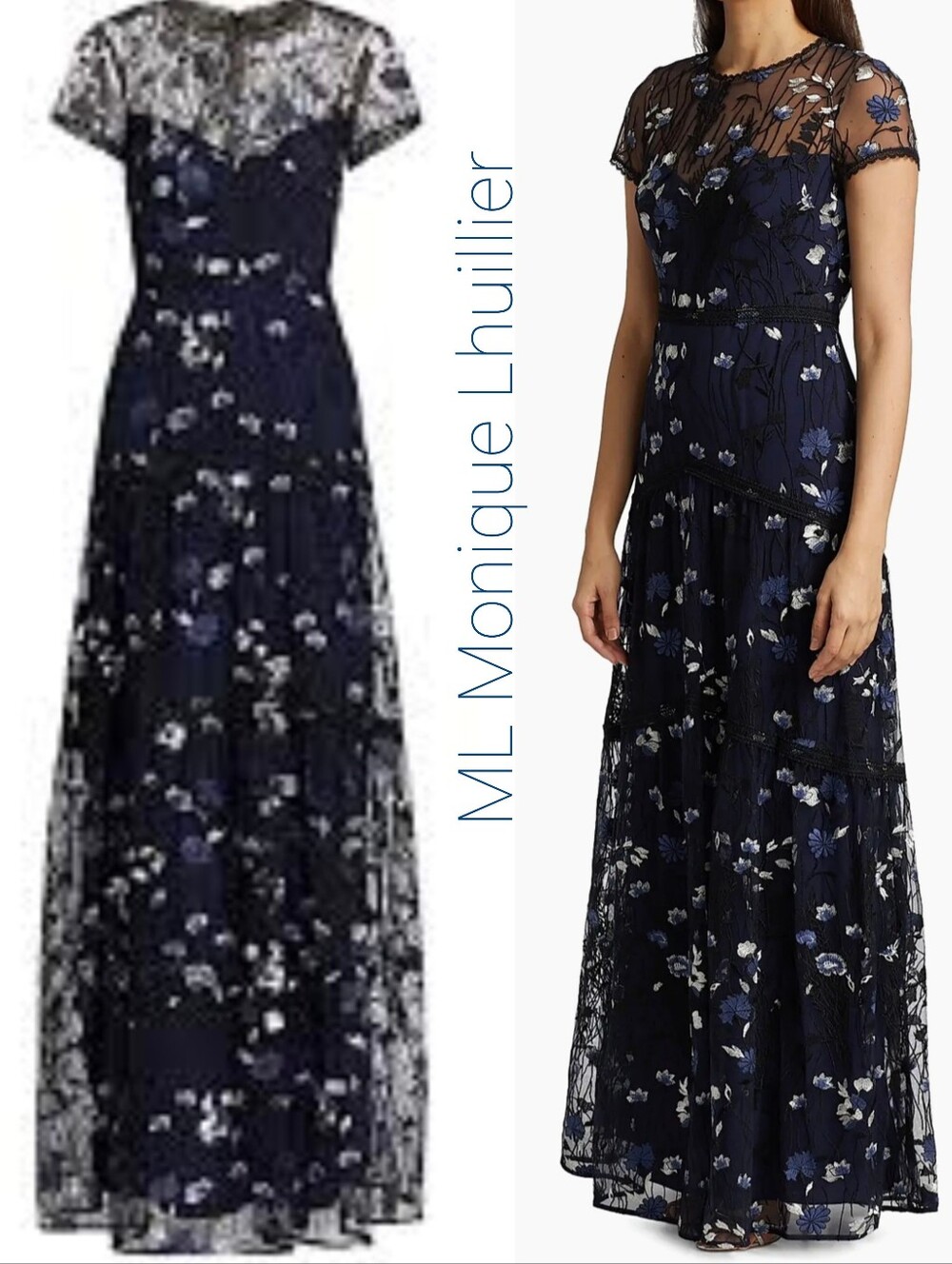 Monique Lhuillier Navy and White Floral Lace Maxi Dress